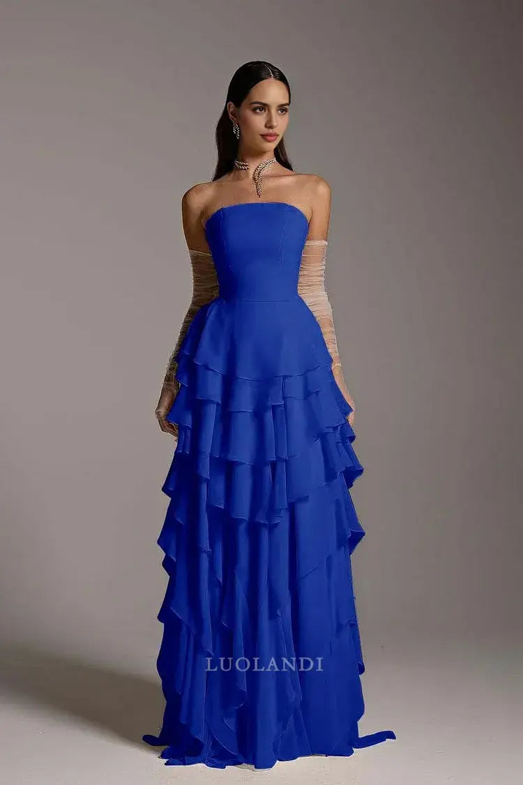 Luolandi Elegant A Line Strapless Layered Long Formal Prom Dress Chic Evening Gowns Charming Wedding Guest Party Dress No With Gloves