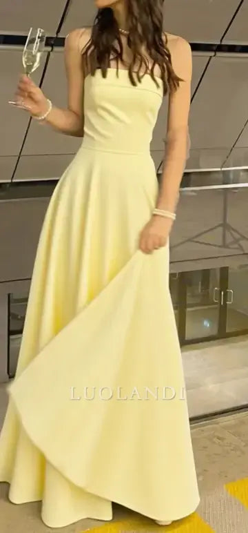 Luolandi Elegant A Line Strapless Sleeveless Long Formal Prom Dress Charming Party Evening Gowns Yellow Simple Graduation Dress
