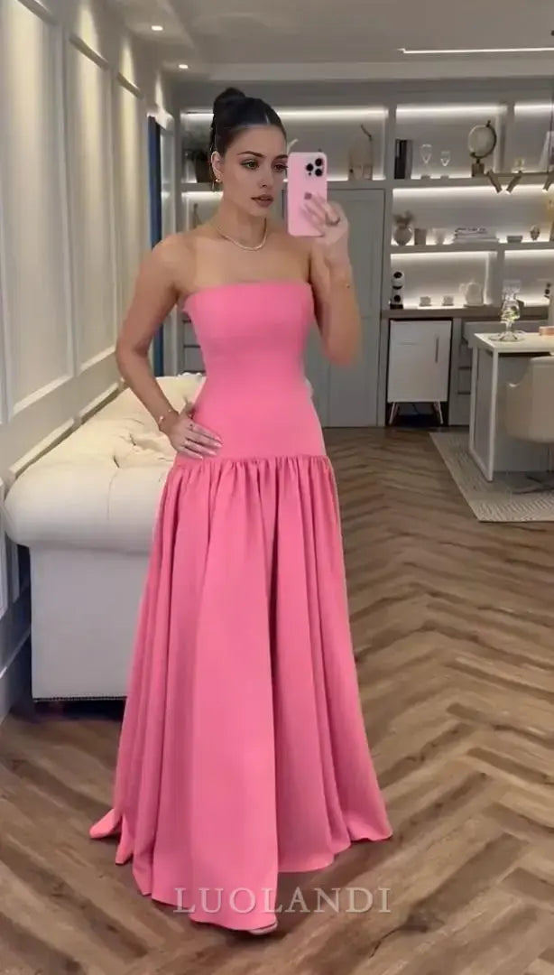 Luolandi Elegant A Line Strapless Sleeveless Long Prom Dress Sweet Evening Dress Simple Party Dress