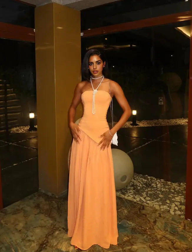Luolandi Elegant A Line Strapless Sleeveless Wedding Guest Party Dress Simple Long Formal Prom Dress