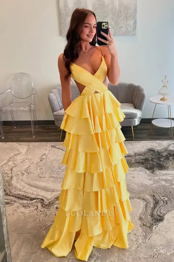 Luolandi Elegant A Line V-neck Layered Yellow Long Formal Prom Dresses Lovely Party Evening Gowns Sexy Graduation Dress