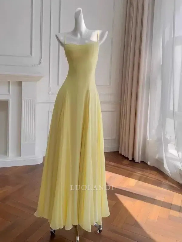 Luolandi Elegant A line Spaghetti Straps Long Formal Prom Dress Sleeveless Charming Party Evening Gowns Pretty Birthday Outfits Yellow Graduation Dress