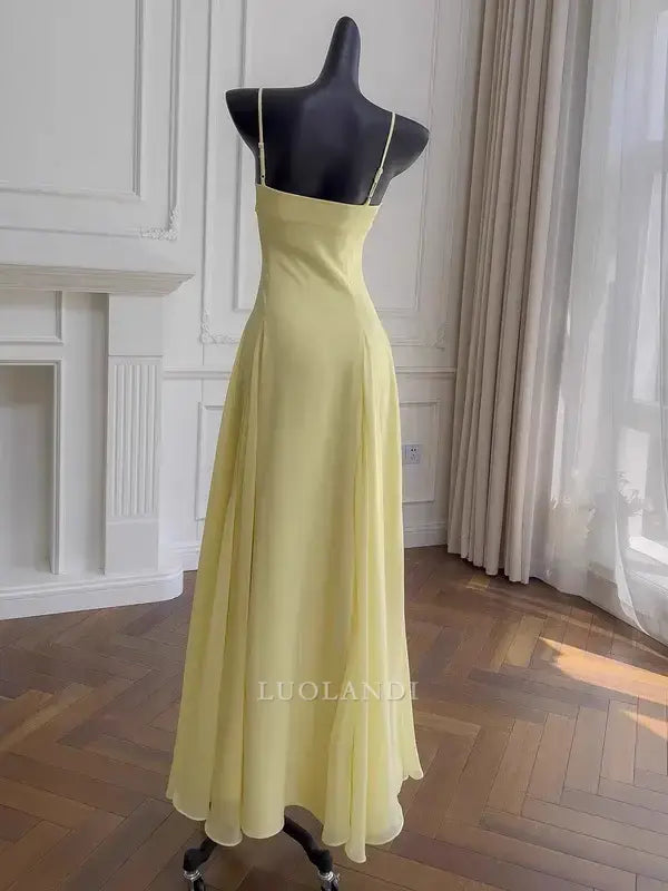 Luolandi Elegant A line Spaghetti Straps Long Formal Prom Dress Sleeveless Charming Party Evening Gowns Pretty Birthday Outfits Yellow Graduation Dress