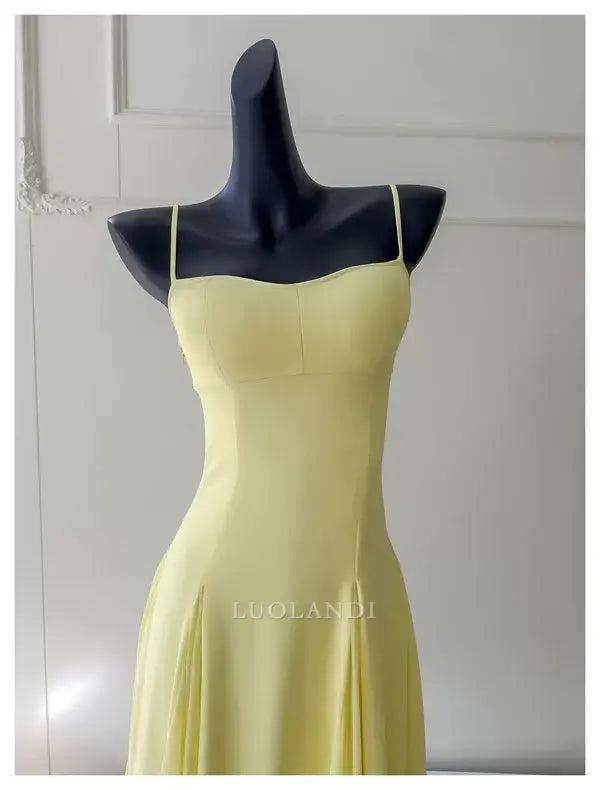 Luolandi Elegant A line Spaghetti Straps Long Formal Prom Dress Sleeveless Charming Party Evening Gowns Pretty Birthday Outfits Yellow Graduation Dress