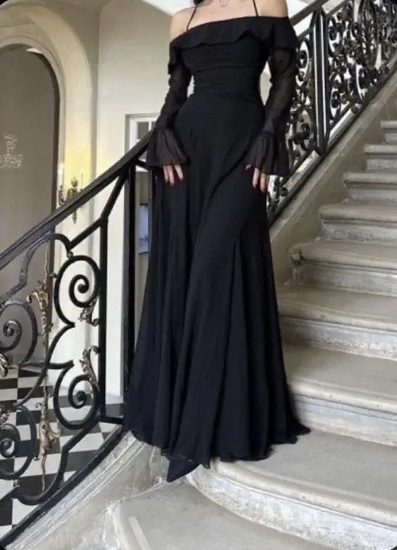 Luolandi Elegant Black A Line Off the shoulder Long Sleeves Evening Party Dress Classy Formal Prom Dress