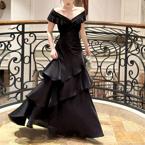 Luolandi Elegant Black Off-Shoulder Ruffles Evening Party Dress Charming Long Formal Prom Dress
