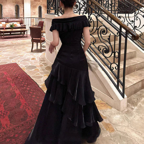 Luolandi Elegant Black Off-Shoulder Ruffles Evening Party Dress Charming Long Formal Prom Dress