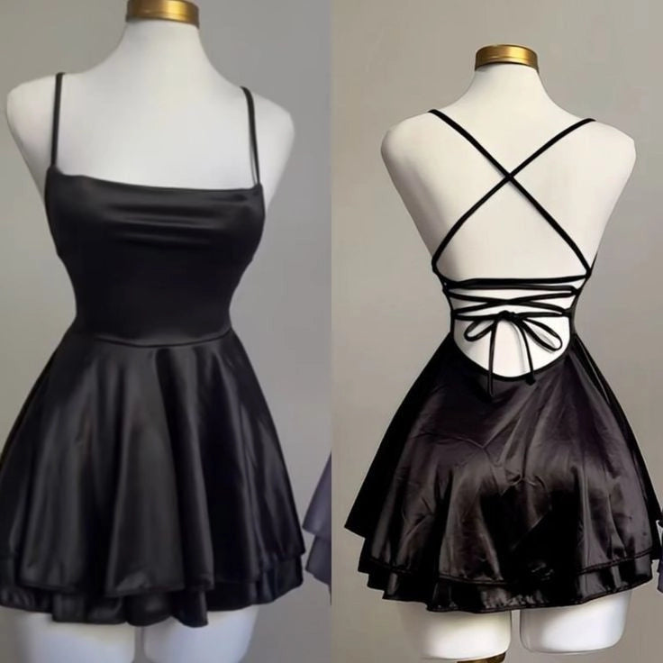 Luolandi Elegant Black Satin A Line Spaghetti Straps Sleeveless Short Homecoming Dresses Simple Graduation Party Dress