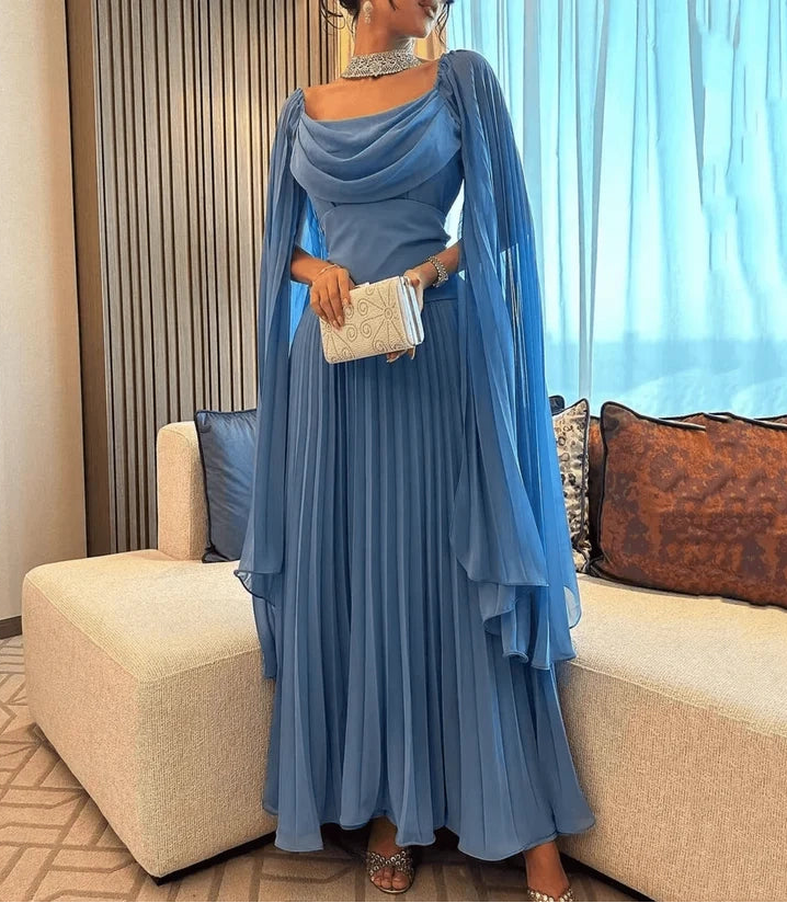 Luolandi Elegant Blue A Line Pleated Long Formal Prom Dress Charming Wedding Guest Party Dress