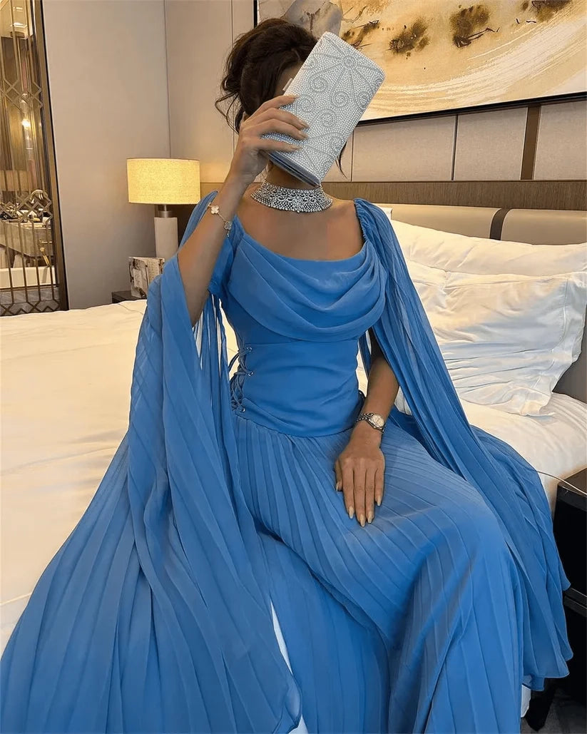 Luolandi Elegant Blue A Line Pleated Long Formal Prom Dress Charming Wedding Guest Party Dress