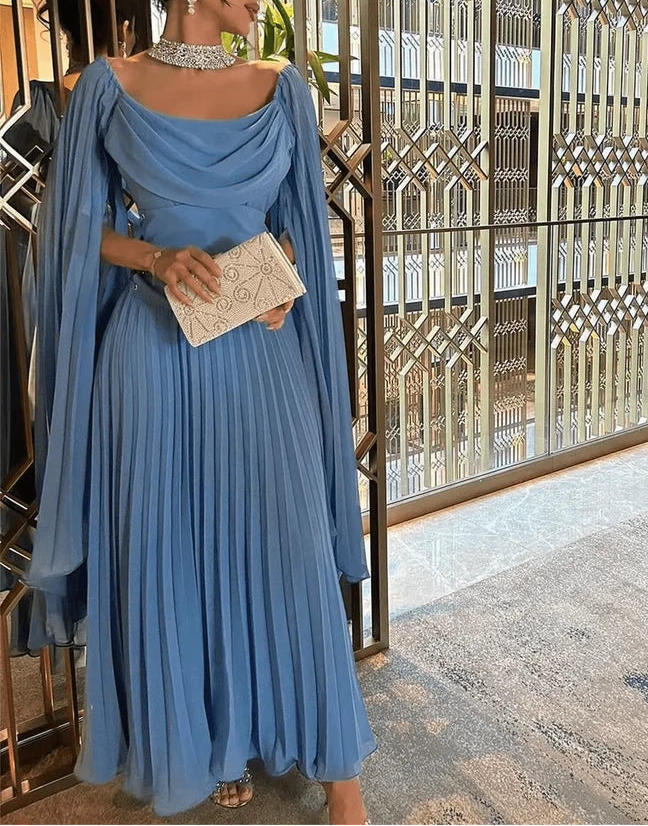 Luolandi Elegant Blue A Line Pleated Long Formal Prom Dress Charming Wedding Guest Party Dress