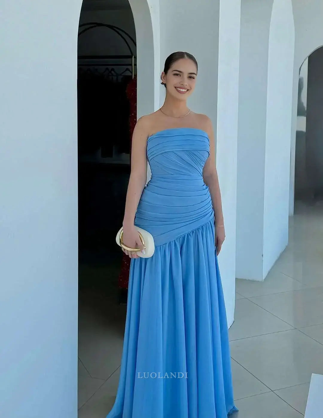 Luolandi Elegant Blue A Line Strapless Sleeveless Long Formal Prom Dress Charming Party Evening Gowns Chic Wedding Guest Dress