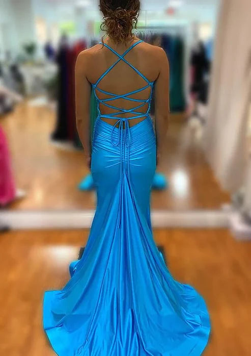 Luolandi Elegant Blue V Neck Long Prom Dress With Split Sexy Formal Graduation Dress Charming Party Evening Gowns