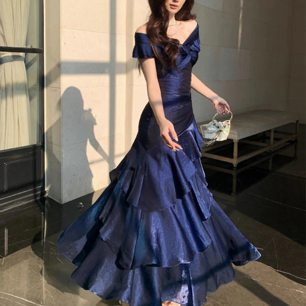 Luolandi Elegant Blue Off-Shoulder Ruffles Evening Party Dress Charming Long Formal Prom Dress