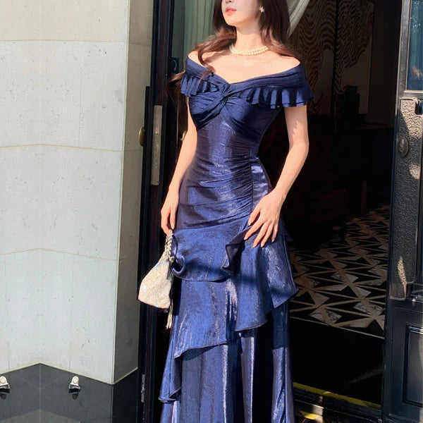 Luolandi Elegant Blue Off-Shoulder Ruffles Evening Party Dress Charming Long Formal Prom Dress