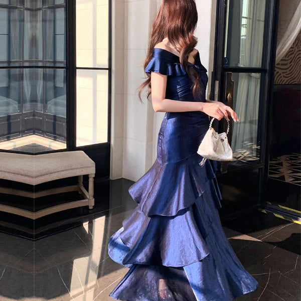 Luolandi Elegant Blue Off-Shoulder Ruffles Evening Party Dress Charming Long Formal Prom Dress
