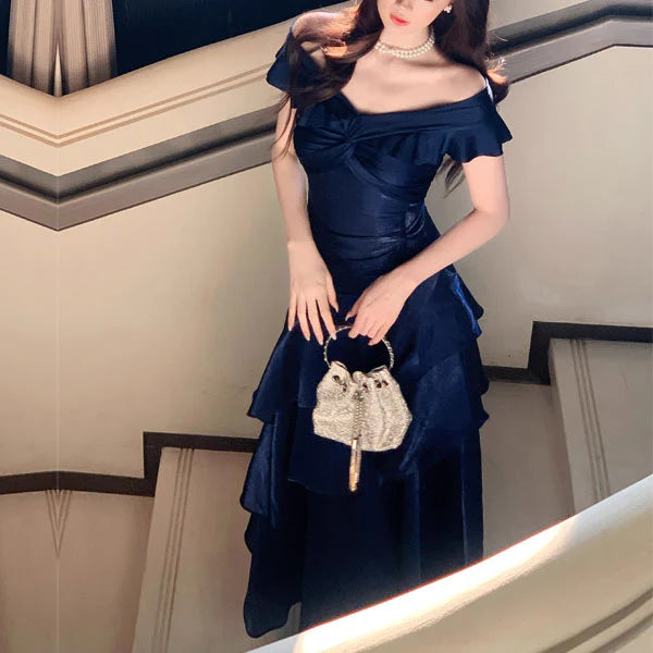 Luolandi Elegant Blue Off-Shoulder Ruffles Evening Party Dress Charming Long Formal Prom Dress