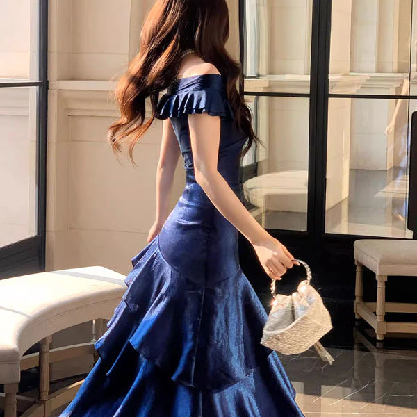 Luolandi Elegant Blue Off-Shoulder Ruffles Evening Party Dress Charming Long Formal Prom Dress
