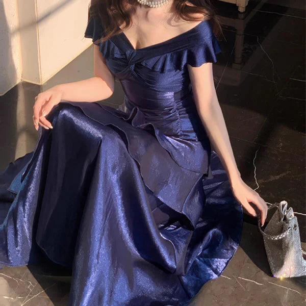 Luolandi Elegant Blue Off-Shoulder Ruffles Evening Party Dress Charming Long Formal Prom Dress