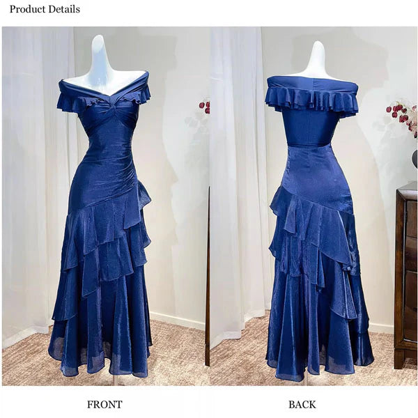 Luolandi Elegant Blue Off-Shoulder Ruffles Evening Party Dress Charming Long Formal Prom Dress