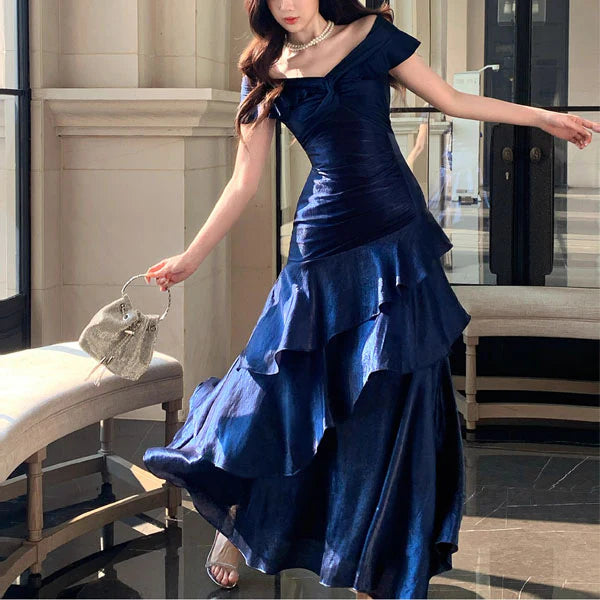 Luolandi Elegant Blue Off-Shoulder Ruffles Evening Party Dress Charming Long Formal Prom Dress