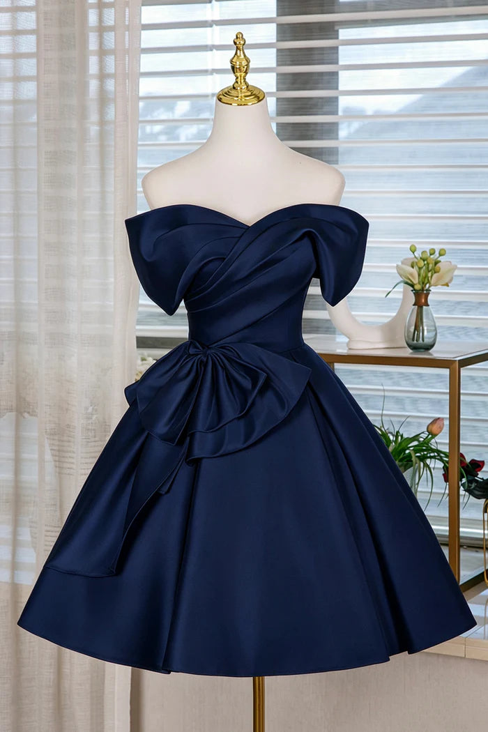 Luolandi Elegant Blue Satin A Line Off Shoulder Short Party Prom Dress Classy Homecoming Dress with Bow