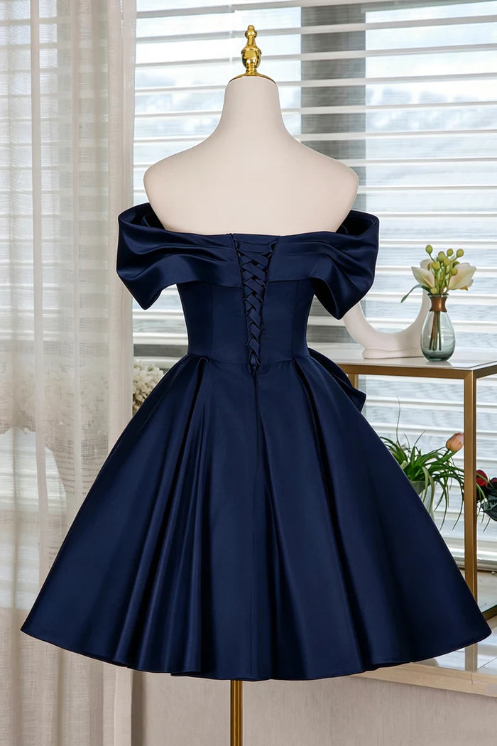 Luolandi Elegant Blue Satin A Line Off Shoulder Short Party Prom Dress Classy Homecoming Dress with Bow