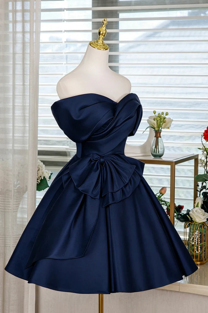 Luolandi Elegant Blue Satin A Line Off Shoulder Short Party Prom Dress Classy Homecoming Dress with Bow