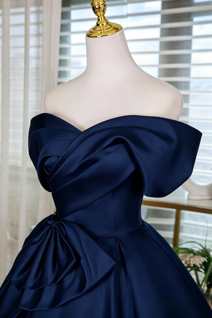 Luolandi Elegant Blue Satin A Line Off Shoulder Short Party Prom Dress Classy Homecoming Dress with Bow