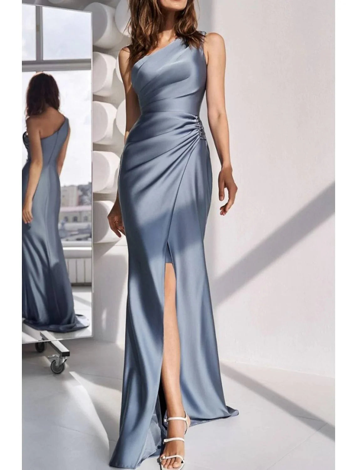 Luolandi Elegant Blue Satin Sheath One Shoulder Sleeveless Bridesmaid Dress Simple Party Evening Gown With Slit