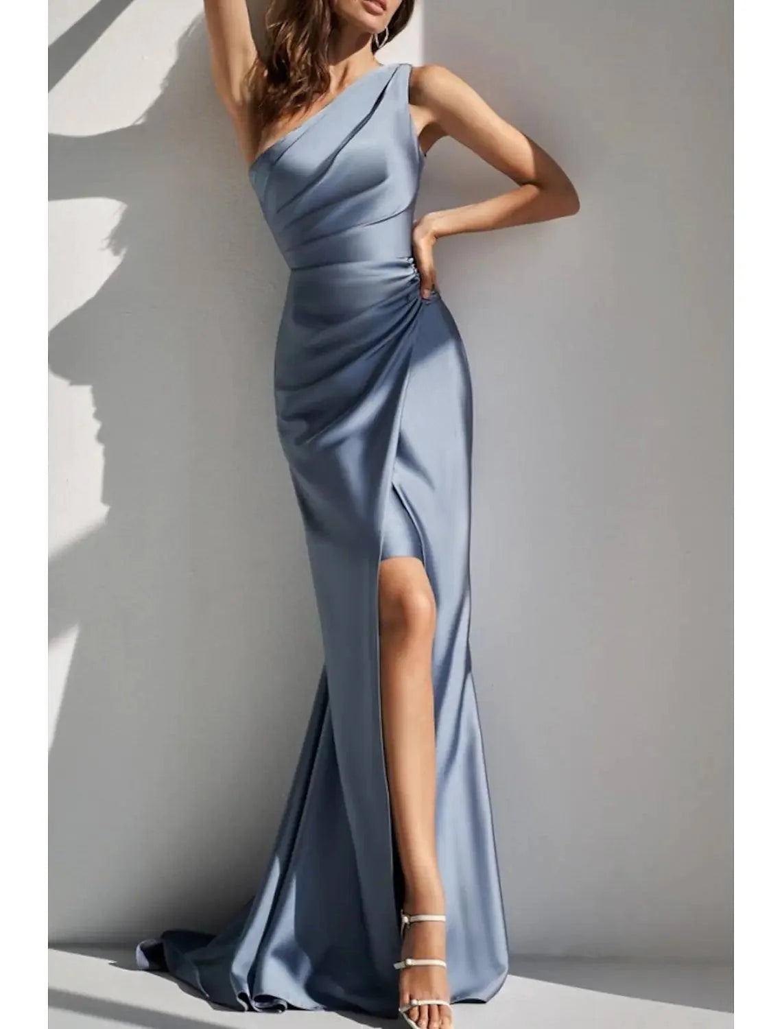 Luolandi Elegant Blue Satin Sheath One Shoulder Sleeveless Bridesmaid Dress Simple Party Evening Gown With Slit