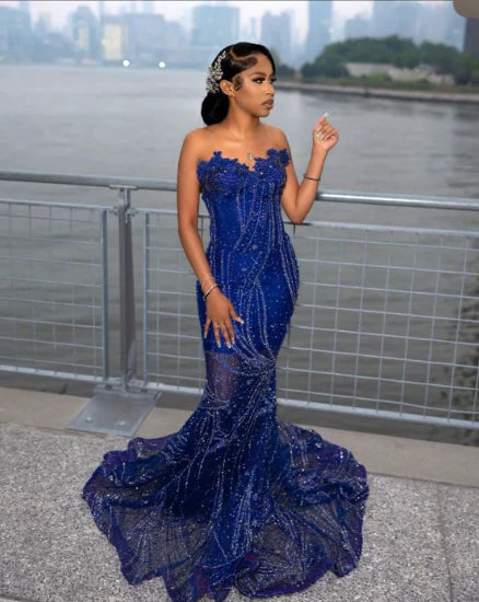 Luolandi Elegant Blue Sequin Mermaid Off Shoulder Long Prom Dress Charming Evening Party Dress