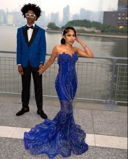 Luolandi Elegant Blue Sequin Mermaid Off Shoulder Long Prom Dress Charming Evening Party Dress