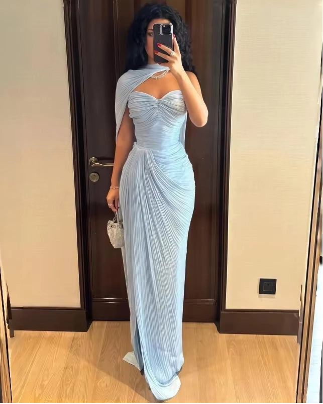 Luolandi Elegant Blue Strapless Mermaid Sleeveless Pleated Party Evening Gown Chic Long Prom Dress