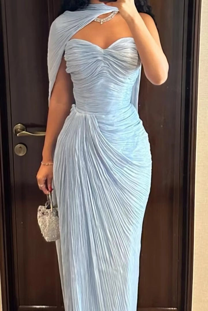 Luolandi Elegant Blue Strapless Mermaid Sleeveless Pleated Party Evening Gown Chic Long Prom Dress