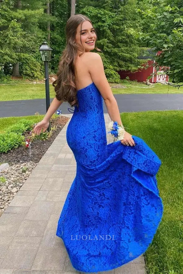 Luolandi Elegant Blue Strapless Sleeveless Long Formal Prom Dress with Slit Sexy Party Dress Charming Evening Gowns