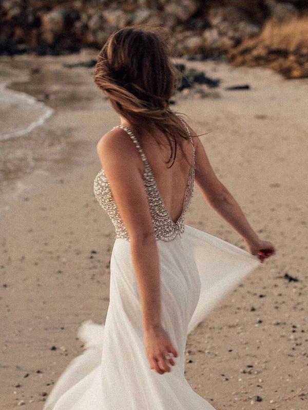 Luolandi Elegant Chiffon Spaghetti Straps Neckline Backless A-line Wedding Dresses With Beaded Charming