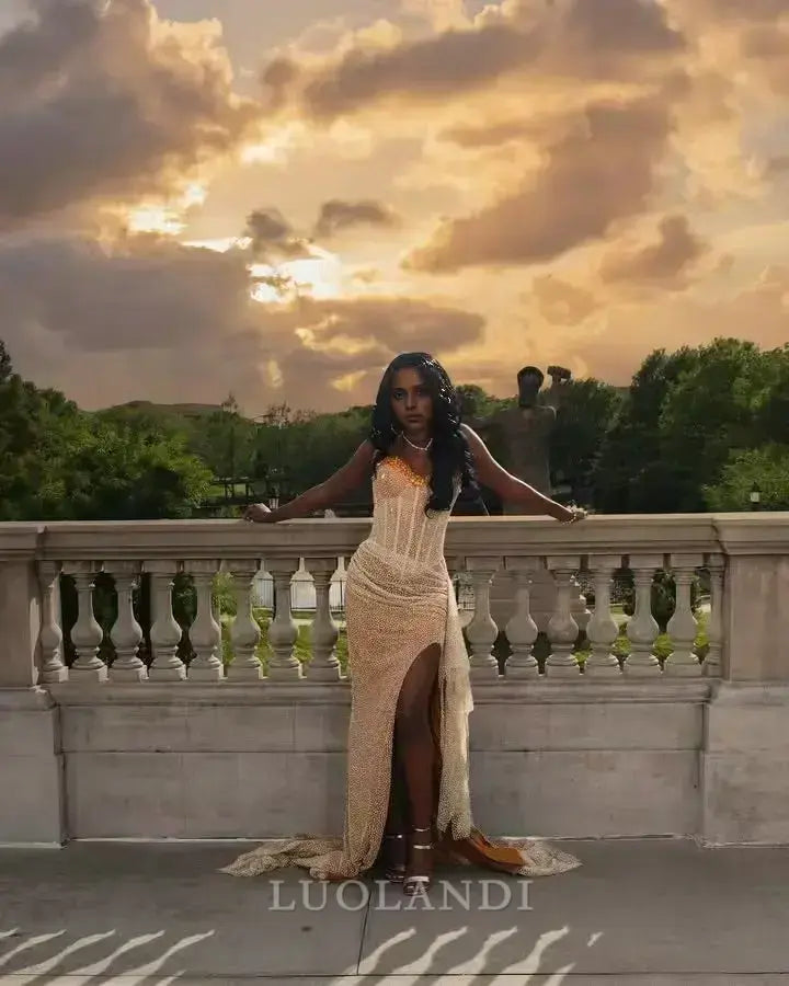 Luolandi Elegant Formal Wear Dress Sleeveless Long Prom Dress With Slit Charming Evening Dress Sexy Black Girl Party Dress