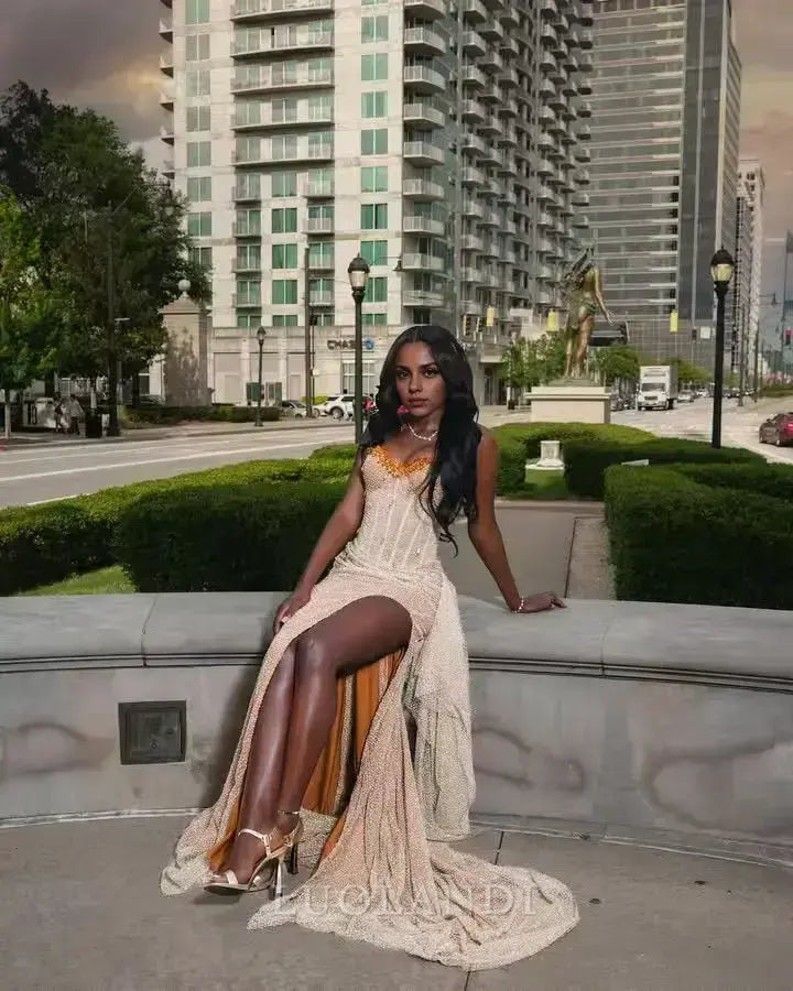 Luolandi Elegant Formal Wear Dress Sleeveless Long Prom Dress With Slit Charming Evening Dress Sexy Black Girl Party Dress