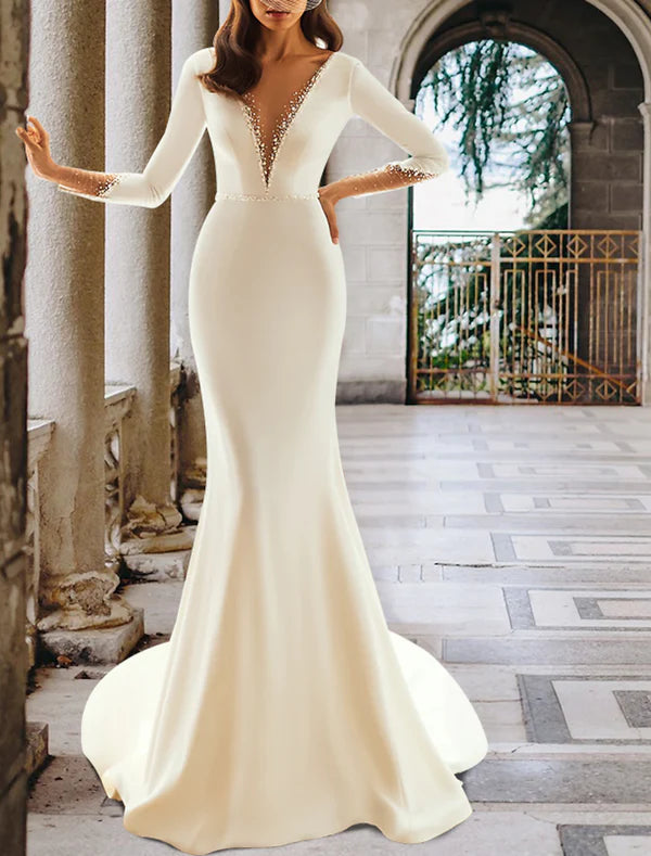 Luolandi Elegant Formal Wedding Dresses Mermaid / Trumpet Long Sleeve Court Train Bridal Gowns With Beading