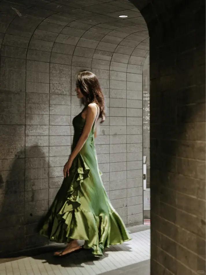 Luolandi Elegant Green A Line Sleeveless Evening Party Dress Unique Formal Prom Dress With Slit