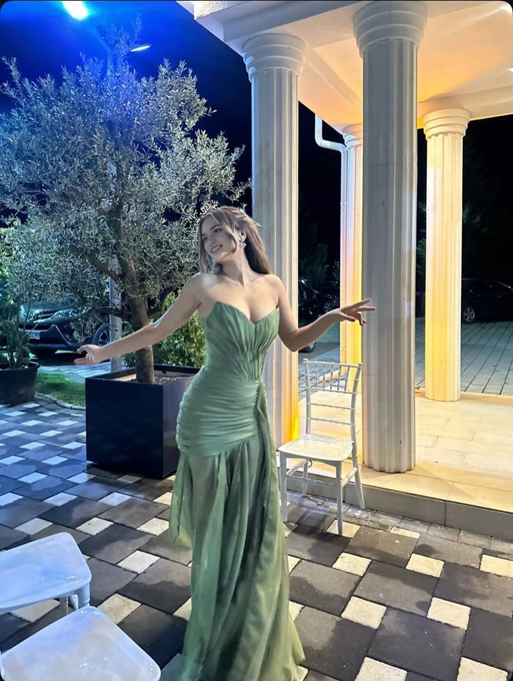 Luolandi Elegant Green Mermaid Strapless Sleeveless Chiffon Pleated Long Formal Prom Dress Fashion Wedding Guest Party Dress