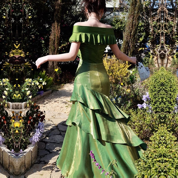 Luolandi Elegant Green Off-Shoulder Ruffles Evening Party Dress Charming Long Formal Prom Dress