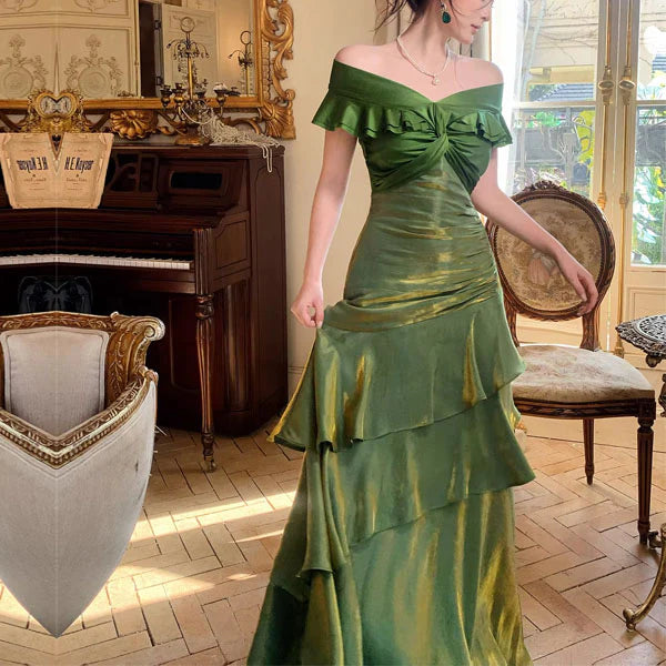 Luolandi Elegant Green Off-Shoulder Ruffles Evening Party Dress Charming Long Formal Prom Dress