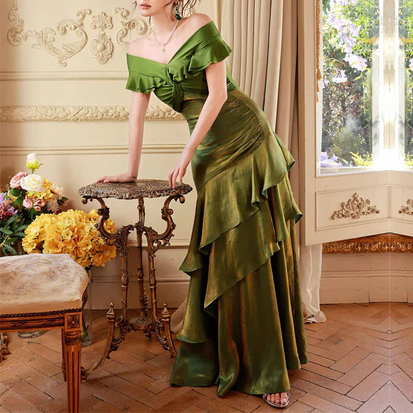 Luolandi Elegant Green Off-Shoulder Ruffles Evening Party Dress Charming Long Formal Prom Dress