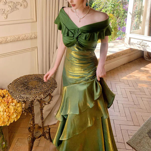 Luolandi Elegant Green Off-Shoulder Ruffles Evening Party Dress Charming Long Formal Prom Dress