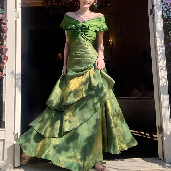 Luolandi Elegant Green Off-Shoulder Ruffles Evening Party Dress Charming Long Formal Prom Dress
