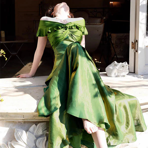 Luolandi Elegant Green Off-Shoulder Ruffles Evening Party Dress Charming Long Formal Prom Dress