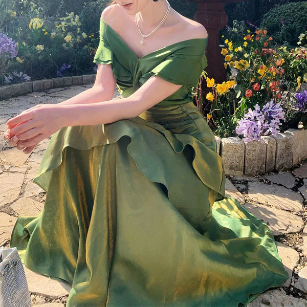 Luolandi Elegant Green Off-Shoulder Ruffles Evening Party Dress Charming Long Formal Prom Dress