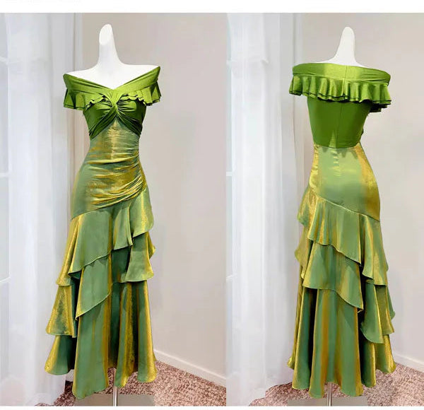 Luolandi Elegant Green Off-Shoulder Ruffles Evening Party Dress Charming Long Formal Prom Dress